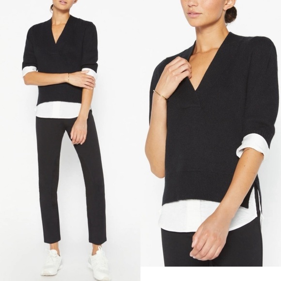 Brochu Walker Lucie layered v-neck looker knit sweater cotton cashmere black L - Picture 2 of 14